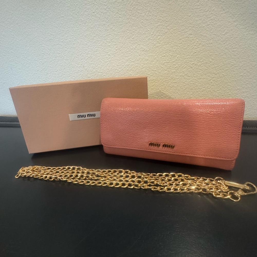 Miu Miu Pink Leather Clutch Wallet with Gold Chain